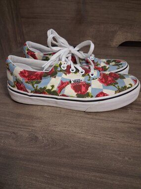 Vans Authentic Shoes Women's 6 Rose Floral Checkered Canvas Low Skate Sneakers